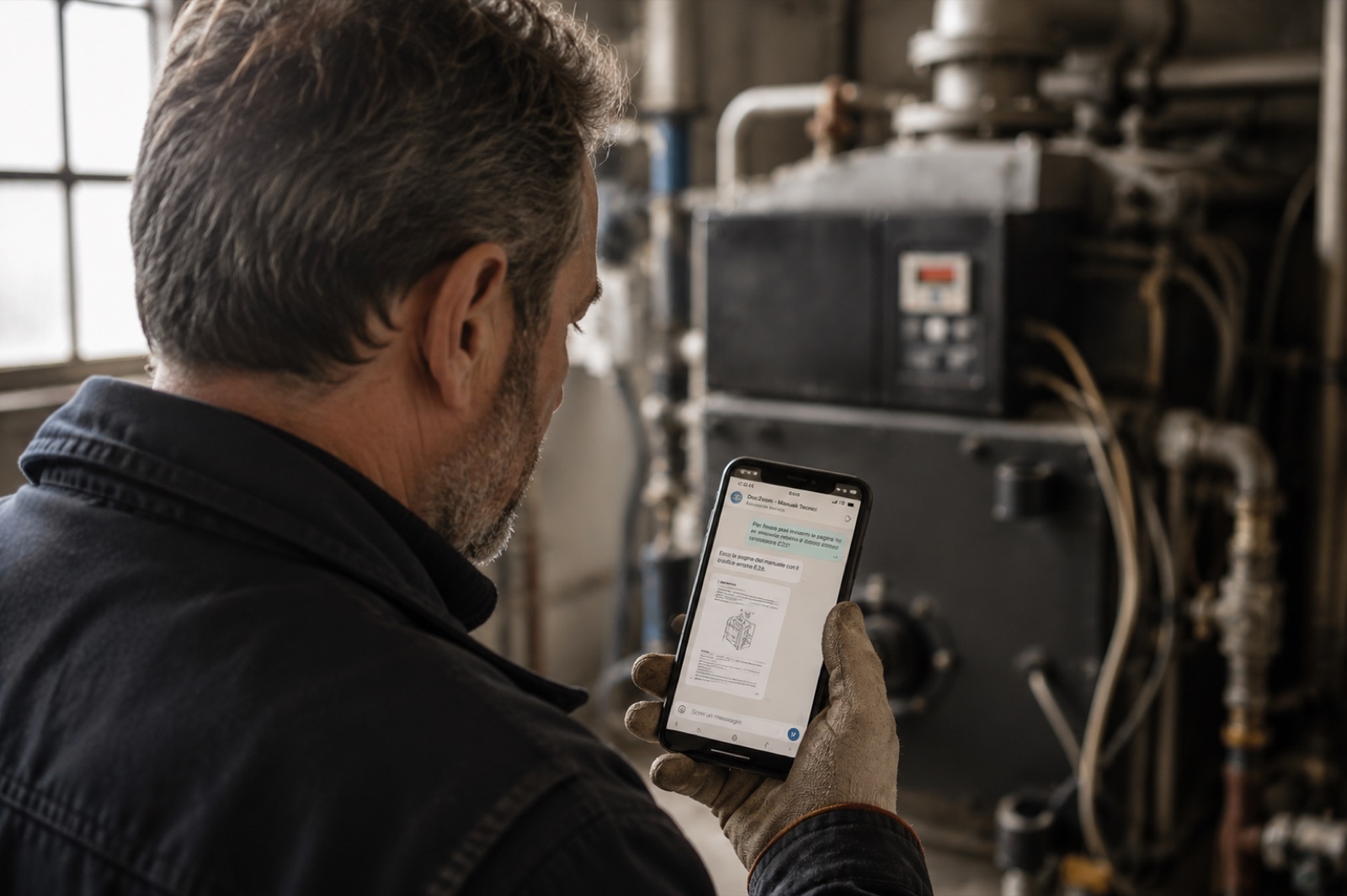 Un tecnico davanti a un macchinario industriale legge sul telefono la pagina del manuale ricevuta in chat